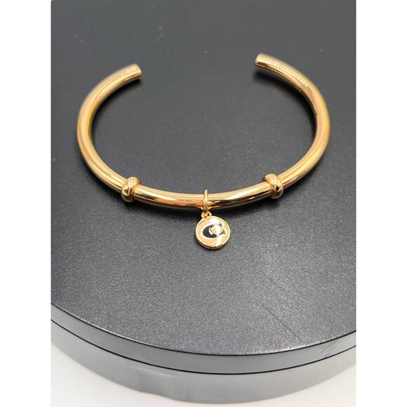 Coach Signed Gold Tone C Logo Charm Dangle Open Cuff Bracelet - Picture 2 of 8